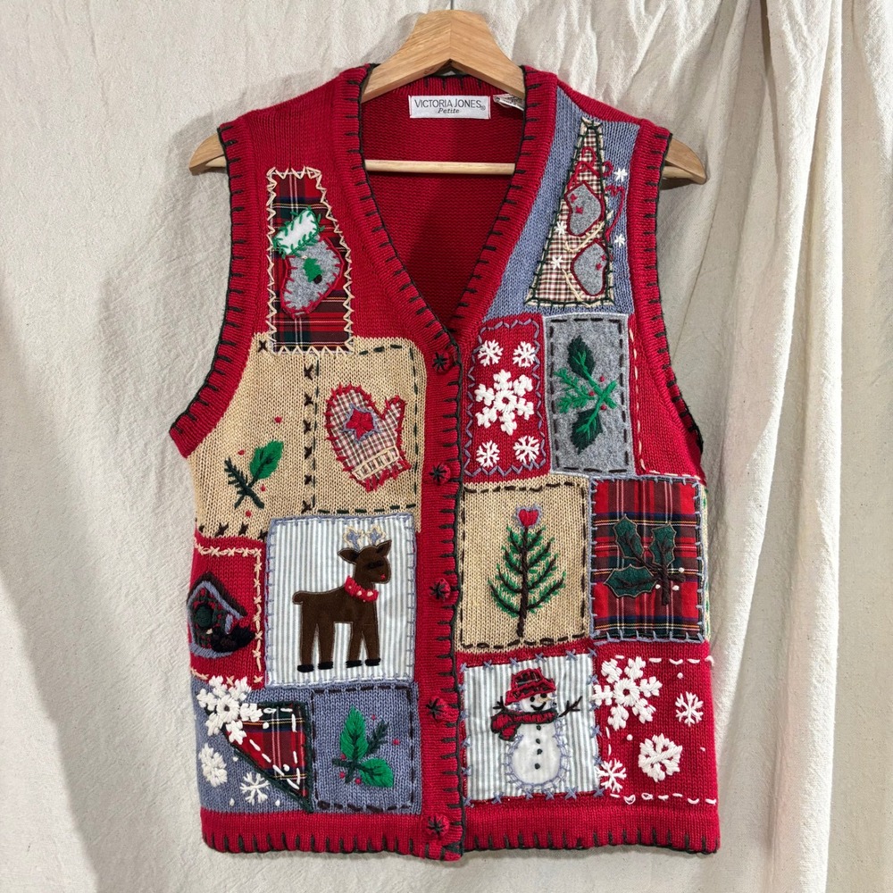 Victoria Jones Vintage 90s Ugly Christmas Sweater Vest Red Patchwork Petite L - Picture 1 of 6